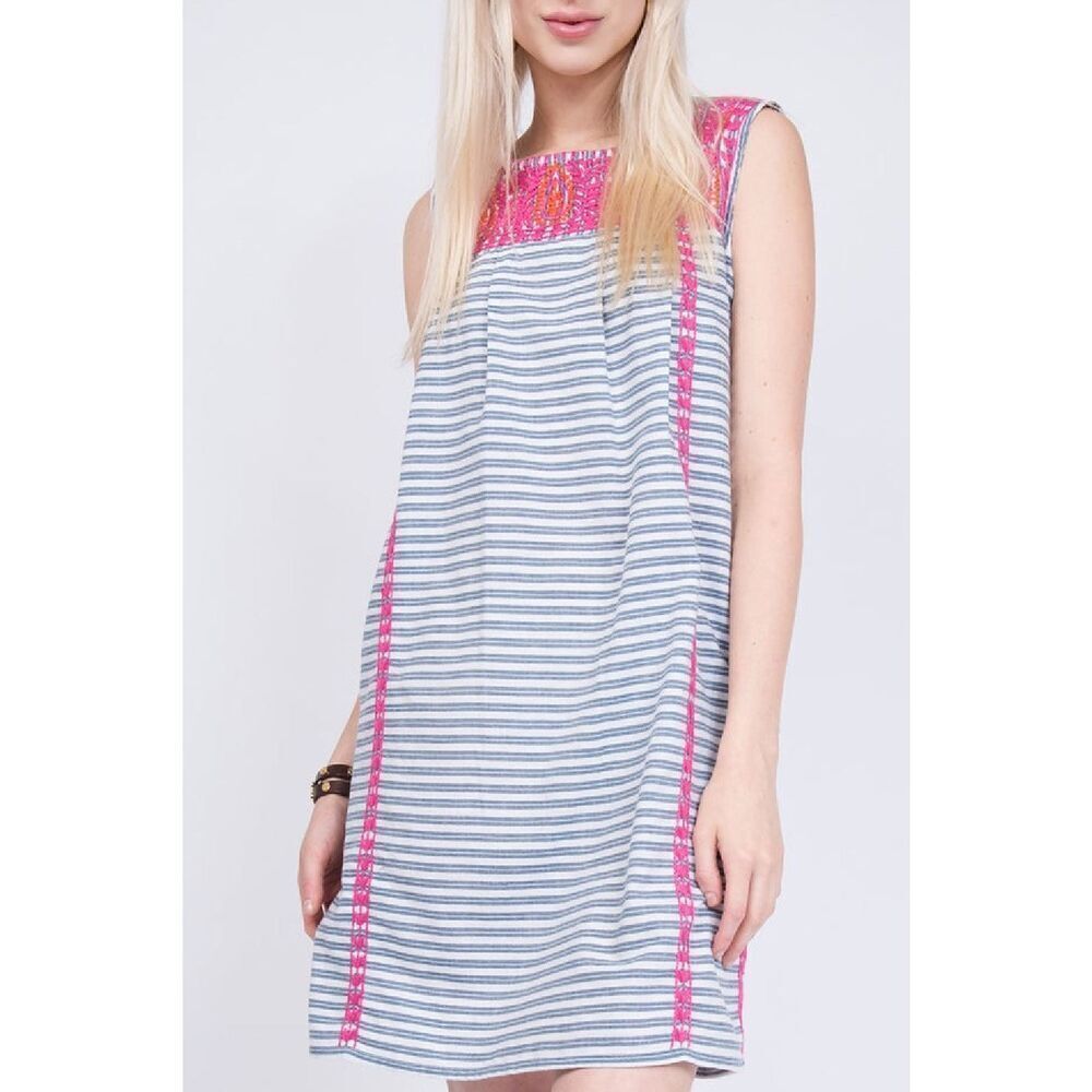 Uncle Frank Kaley Embroidered Striped Mini Shift Dress Blue, White Size L